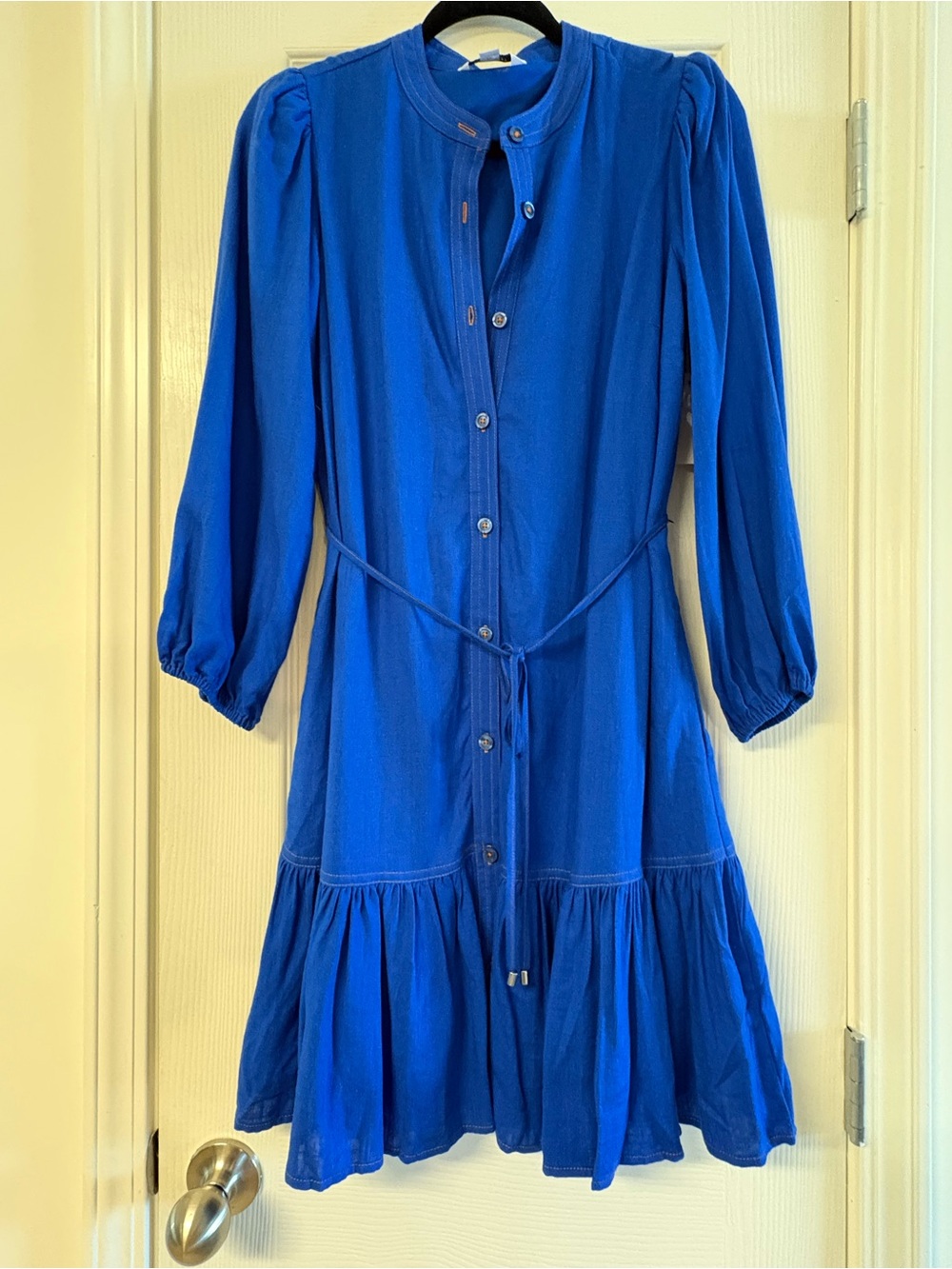 Nine West Cobalt Blue Button-Front Long Sleeve Dress with Tie